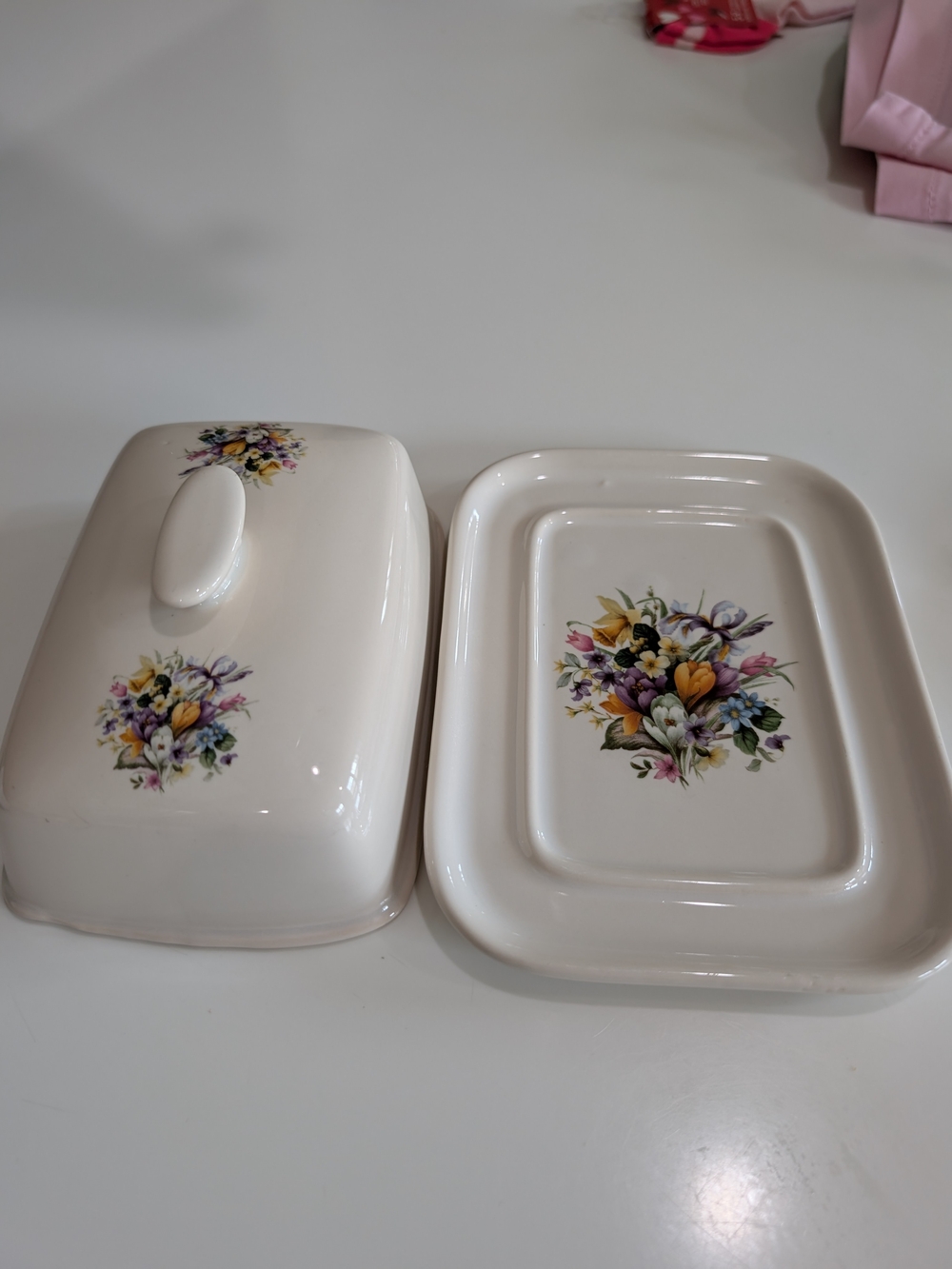 Crown Heritage Cream Ceramic Butter Dish with Multicolor Floral Design